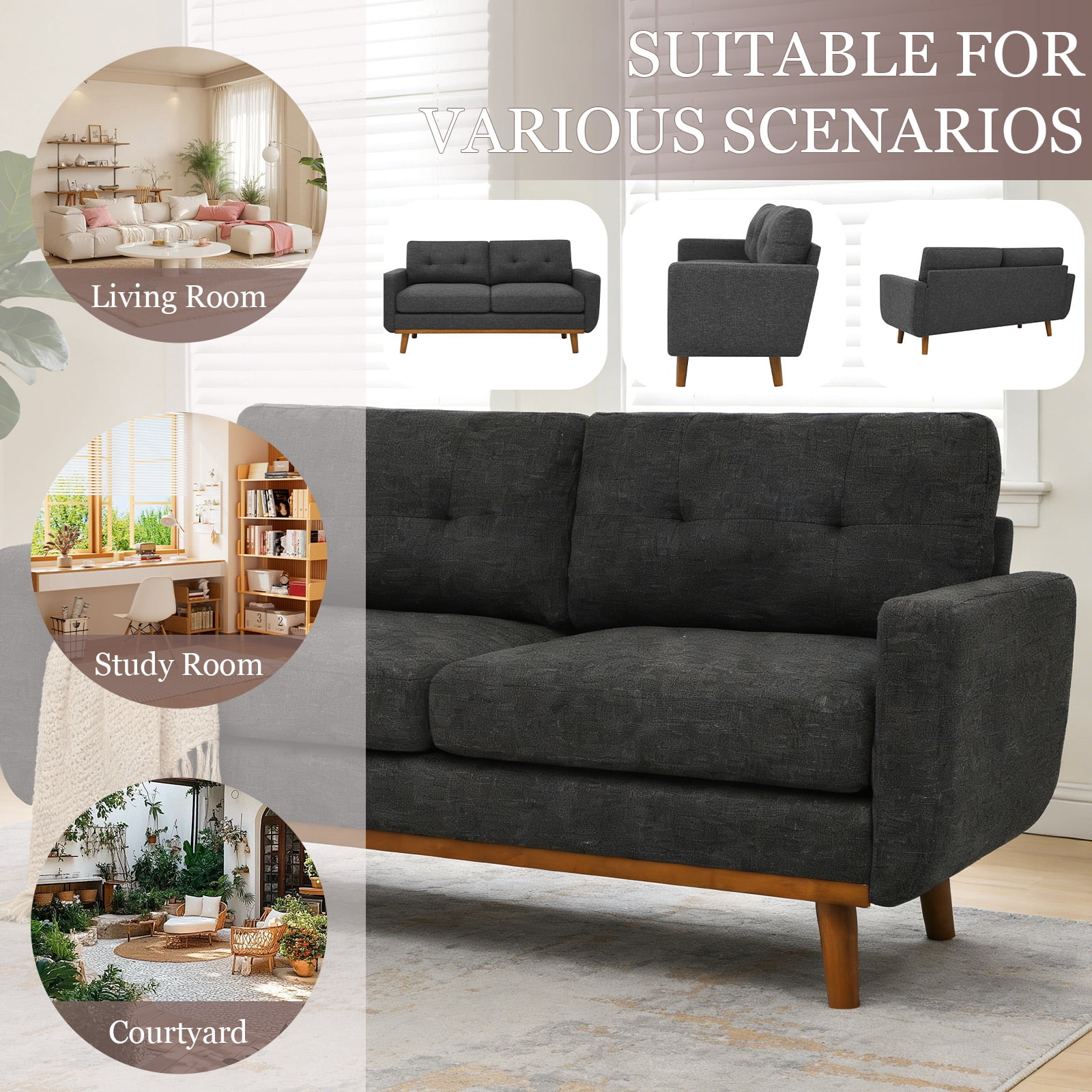 MOONMISS 67" Velvet Loveseat Couch, Modern Small Sofa With Walnut Wood Legs 2-seater Fabric Upholstered Mini Sofa Couches For Small Space,living Room Bedroom Office Dorm Apartment,Dark Gray