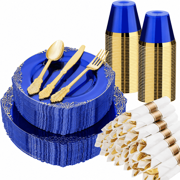 Goodluck 350-Piece Royal Blue Disposable Dinnerware Set for 50 Guests, Gold Rim Plastic Plates, Cups & Pre Rolled Napkins with Silverware for Party, Wedding, Birthday