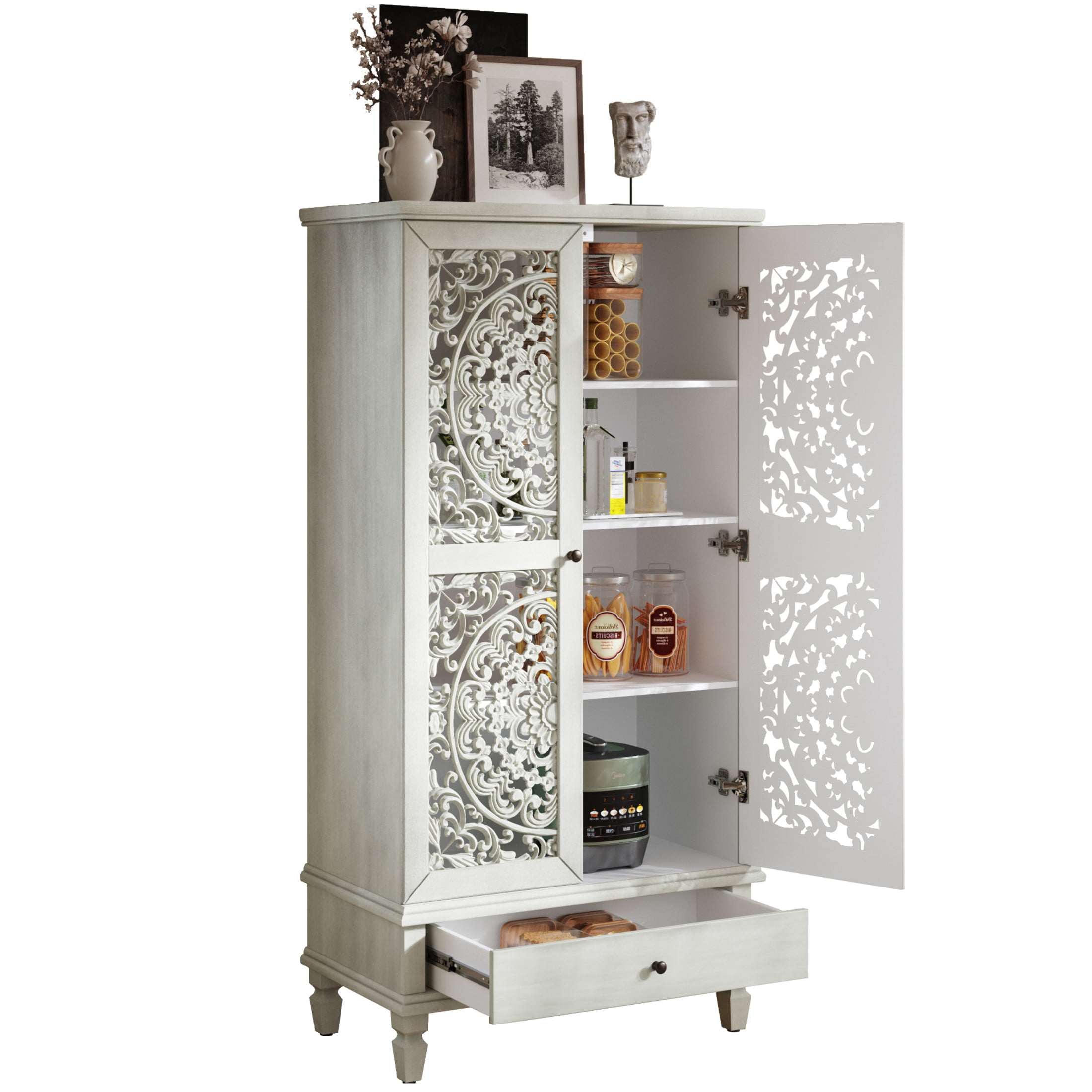Noble house Rustic Tall Storage Cabinet with Drawer, Carved 2-Door Cabinet with Solid Wood Legs,Antique White
