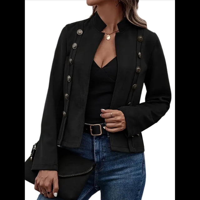 Chaqueta de Gamuza Sintética para Mujer, Informal, de Otoño, de Larga, Cuello Alto, con Abertura Frontal, Blazer Corto, Abrigo. Negro M