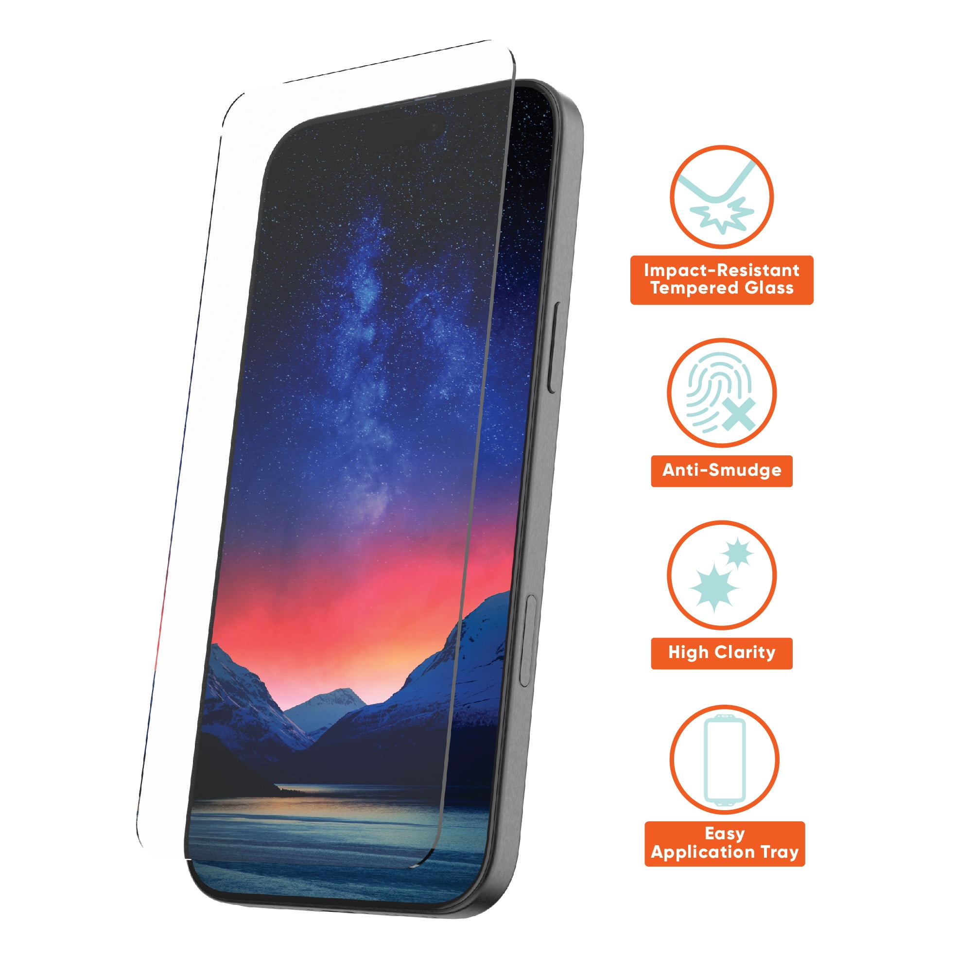 onn. Impact Resistant Glass Screen Protector with Easy Application Tray for iPhone 16 Plus