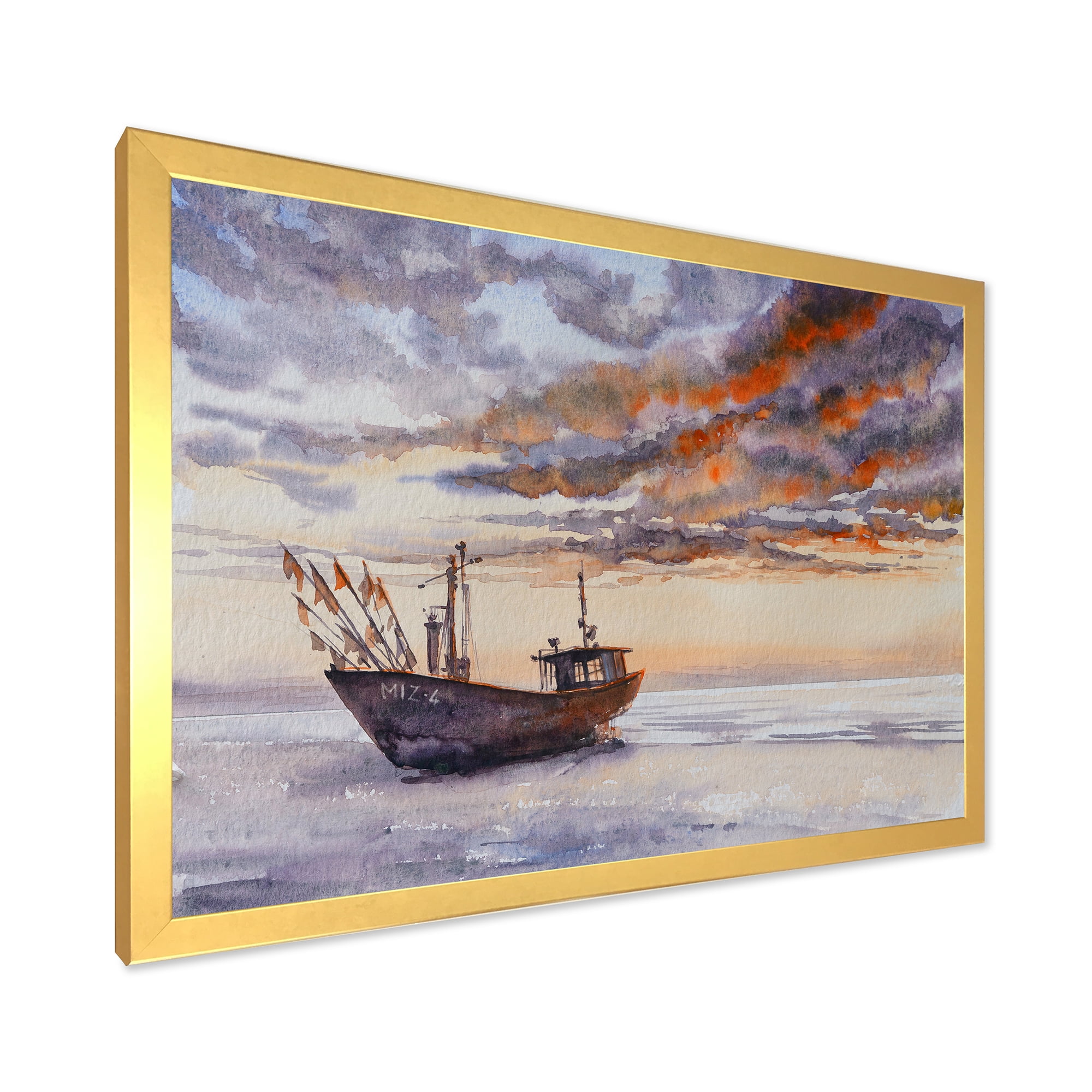 Designart 'Wooden Fishing Boat On The Baltic Shore With Evening Clouds' Nautical & Coastal Framed Art Print