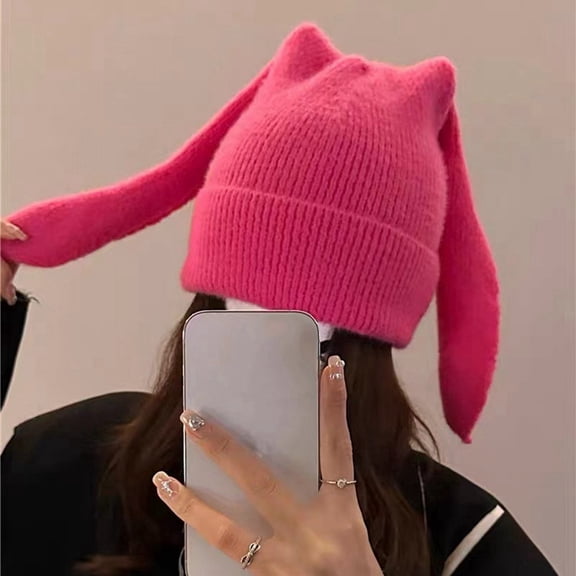 RTKFRFL Easter Long Ear Bunny Knit Hat Winter Warm Cute Rabbit Style Beanie Skin-Friendly Soft Crochet Wool Cap for Women & Men Festive Holiday Cold Weather Accessory One Size Fits All 1PC