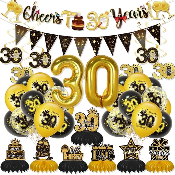 30th Birthday Decoration Kit Black Gold Party Supplies with Happy 30th Banner Honeycomb Centerpieces Hanging Swirls Topper and Balloons for Men Women