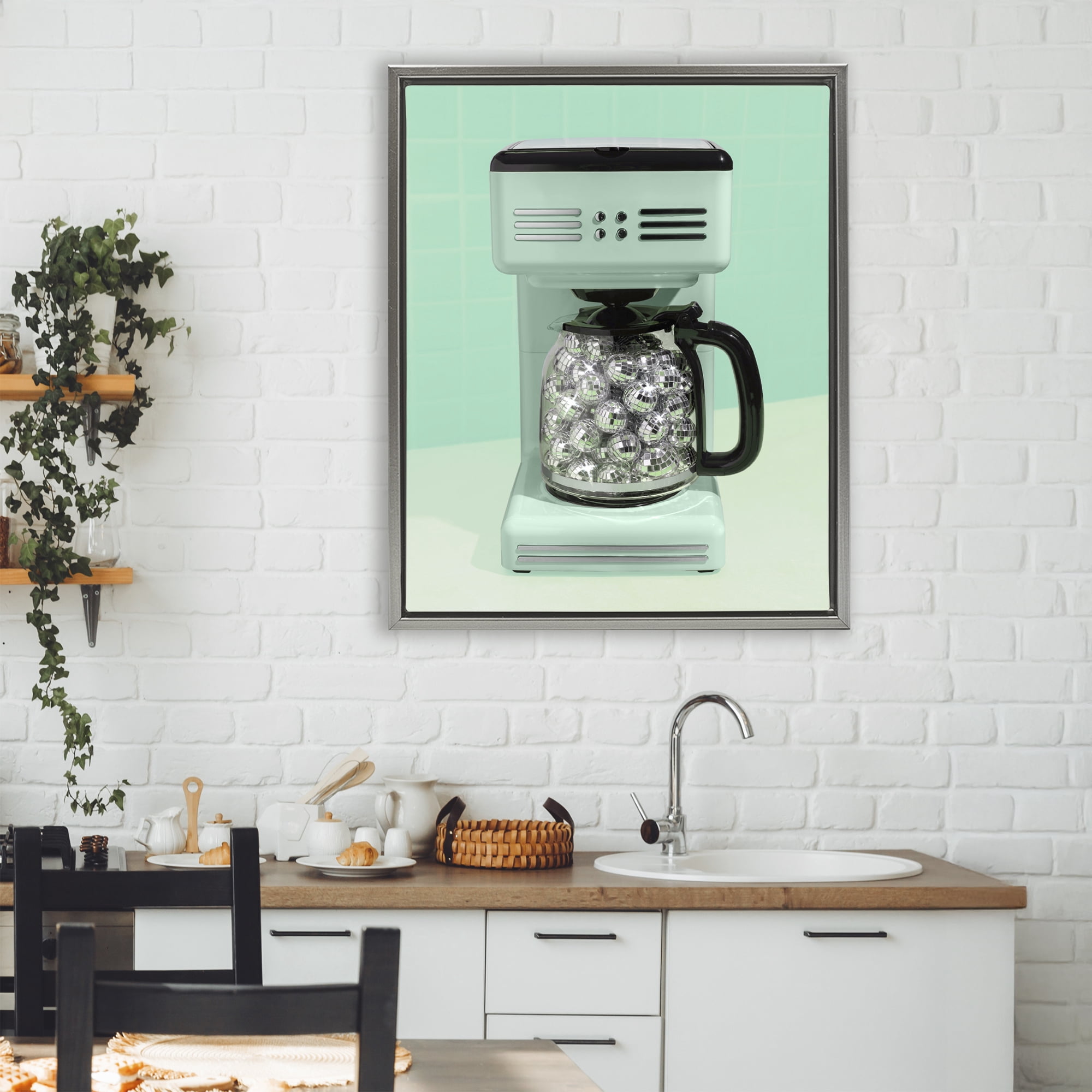 Stupell Industries Disco Coffee Maker over Green Gray Framed Floater Canvas Wall Art, design by LISH Creative