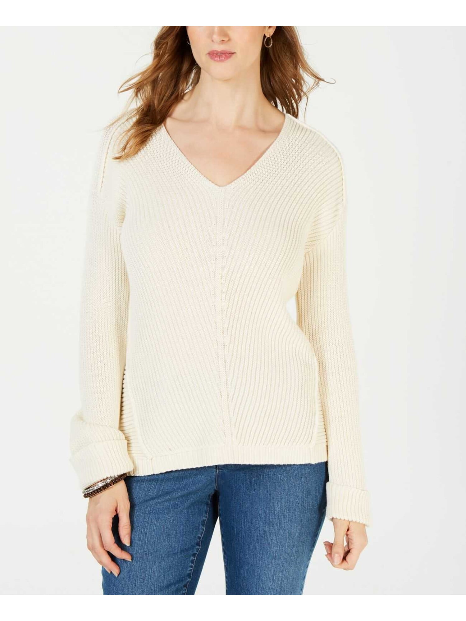 CHARTER CLUB Womens Ivory Printed Long Sleeve Sweater Petites Size: PM