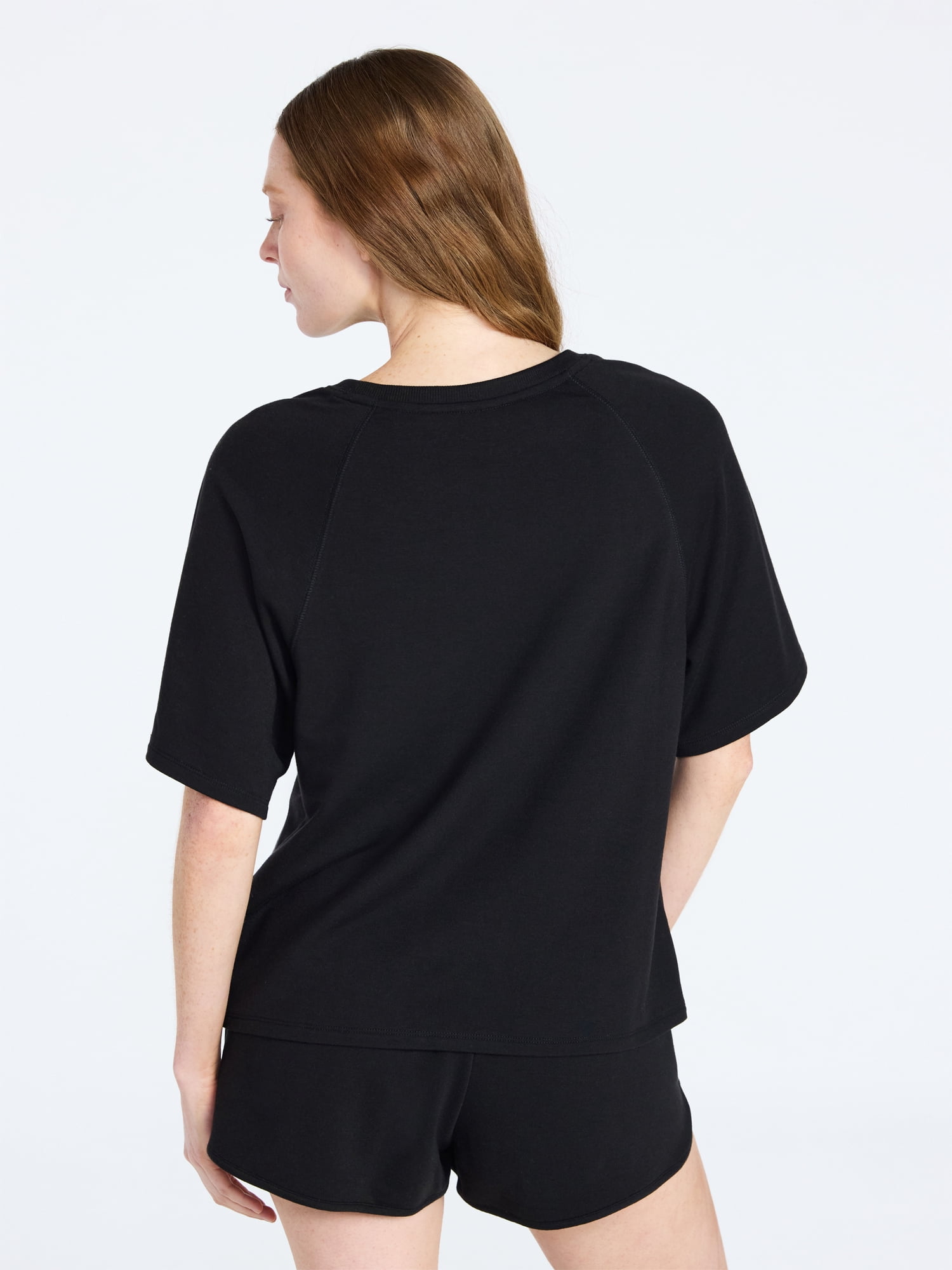 Joyspun Women's French Terry Lounge Sleep Short Sleeve Top and Shorts Set, 2-Piece, Sizes XS-3X