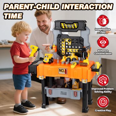 Lehoo Castle Kids Tool Bench With Electric Drill & Take Apart Trucks - 63-in-1 STEM Learning Toy For Toddlers