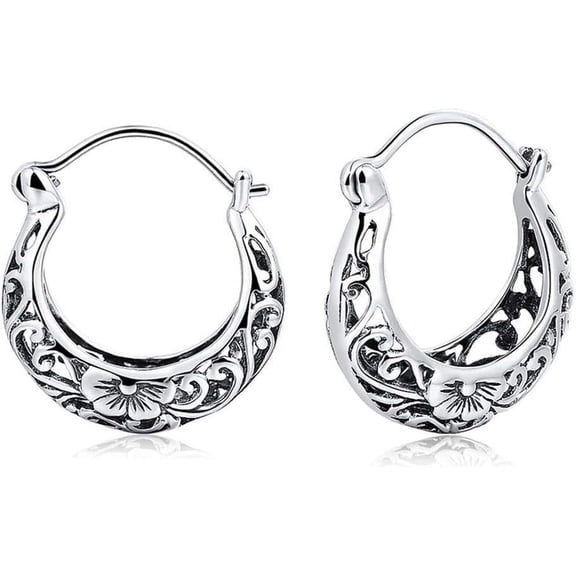 925 Sterling Silver Vintage Filigree Hoop Earrings for Women Floral Flower Heart Clip-on Small Huggie Hoop Earrings Lightweight Oval Hoop Earrings Jewelry Christmas Gifts for Mom