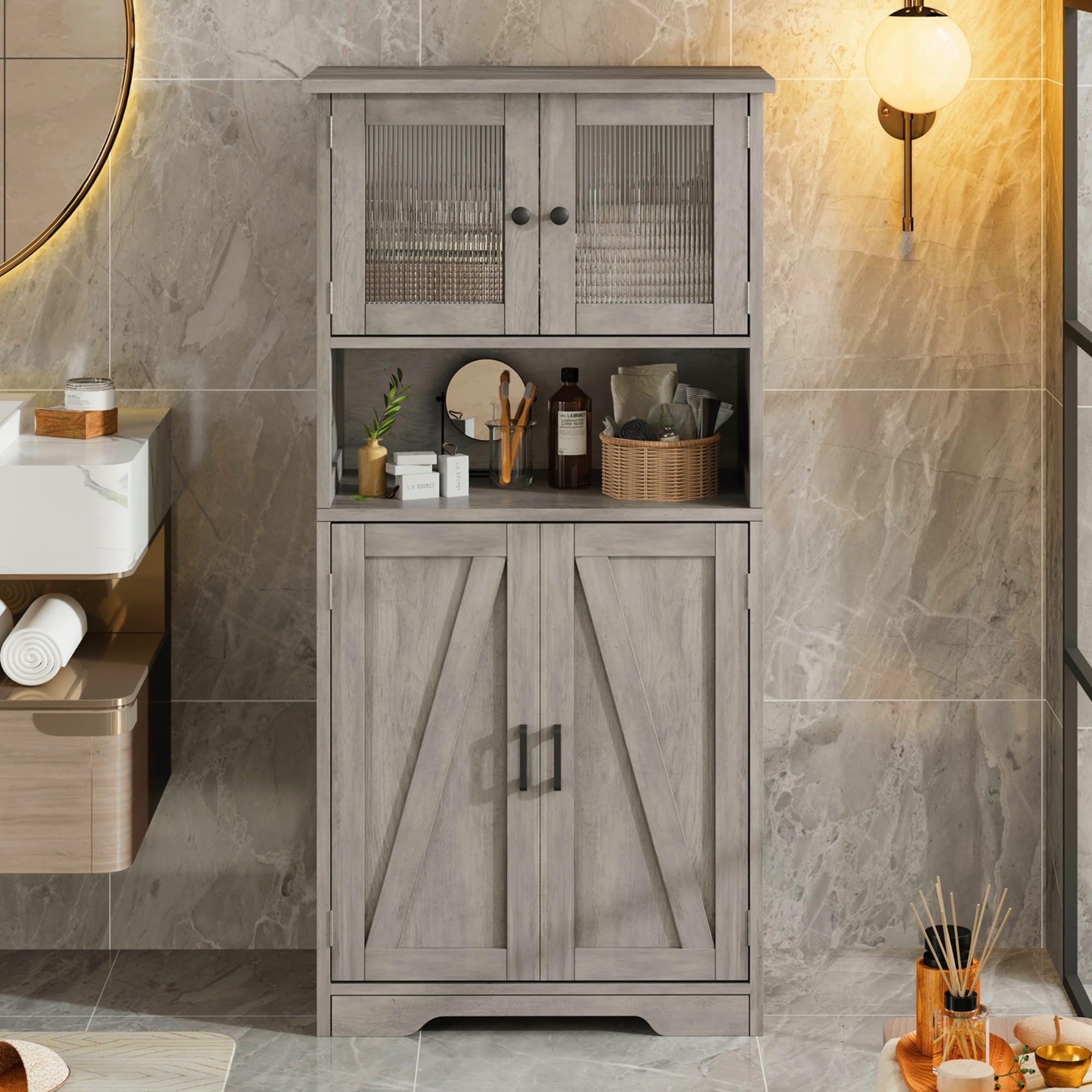 50" Tall Bathroom Cabinet, Freestanding Bathroom Storage Cabinet with 4 Doors and Adjustable Shelves, Cupboard Modern Storage Cabinet for Kitchen, Pantry, Living Room, Rustic Gray