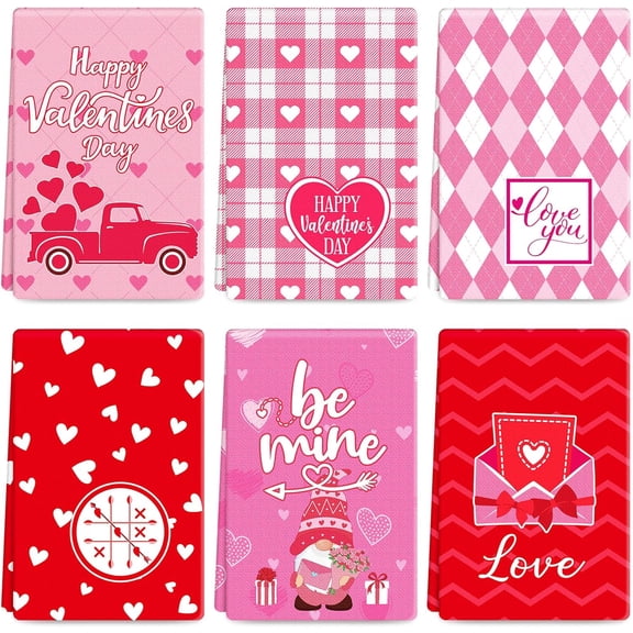 6 Pcs Valentine''s Day Kitchen Towels Cute Valentines Bathroom Hand Towels Dish Tea for Gifts Heart Decorations 18 x 28 Inches