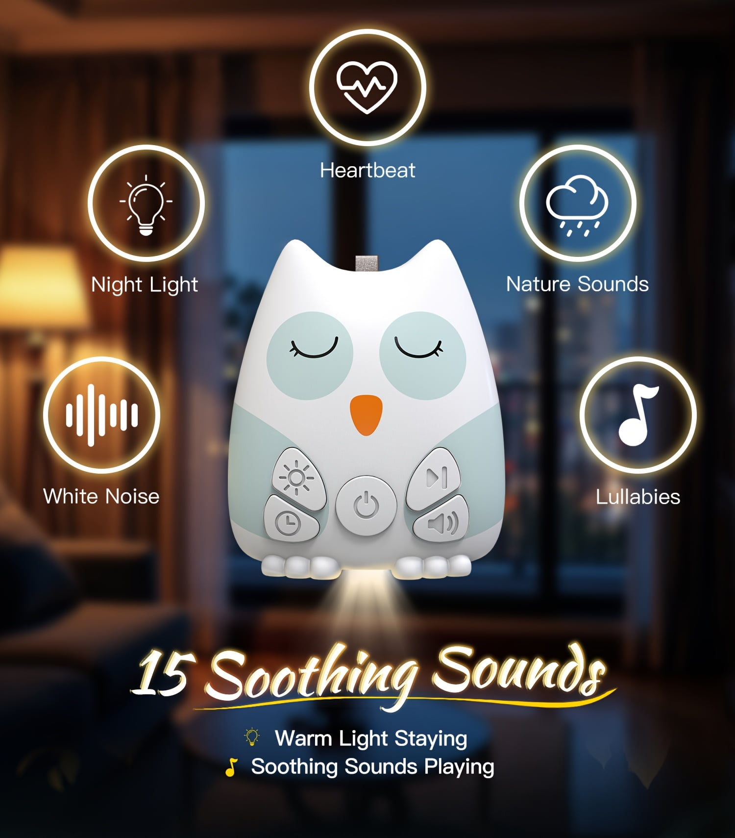 Owl White Noise Machine with Night Light - Portable Sleep Soother Suitable for Kids & Adults, 15 Soothing Sounds (Brown/White Noise), Rechargeable Sleep Aid for Crib, Bed, Travel