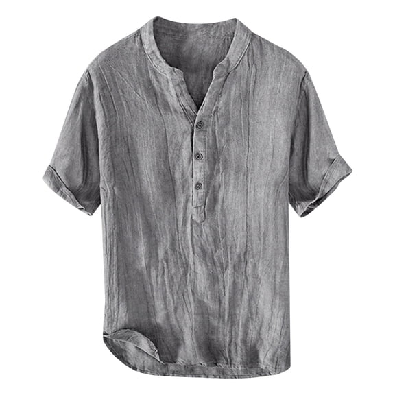 CUSTG T-Shirts Summer Linen Short Sleeve Casual T Shirt Men's Stand Pullover Shirt Relaxed Fit O-Neck Tops