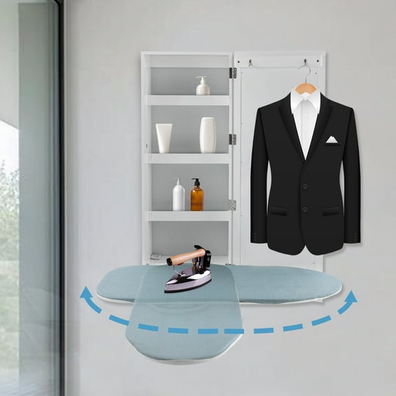 Wall Mount Ironing Board Cabinet with Mirror 180° Swivel Foldable Ironing Board with Storage for Home, Apartment & Small Spaces