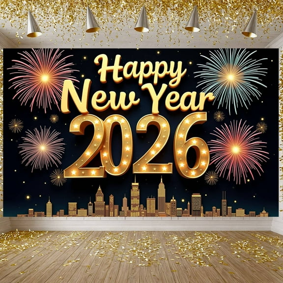 Golden Lettering Happy New Year Banner Firework Design 2026 New Year Display Star-studded City Skyline New Year Backdrop for New Year Party Holiday Celebration Indoor Decoration