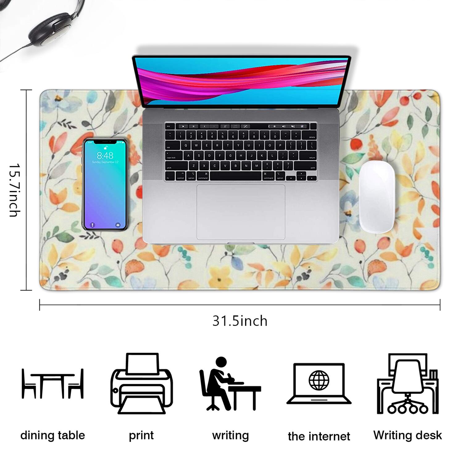 Long Mouse Pads for Desk,Pioneer Flower Floral Print Pattern Desk Mats on Top Of Desks, Desk Mouse Pad Extra Large with 3mm Non-Slip Base and Stitched Edge for Gaming,Office,Work,Home 31.5"x15.7"