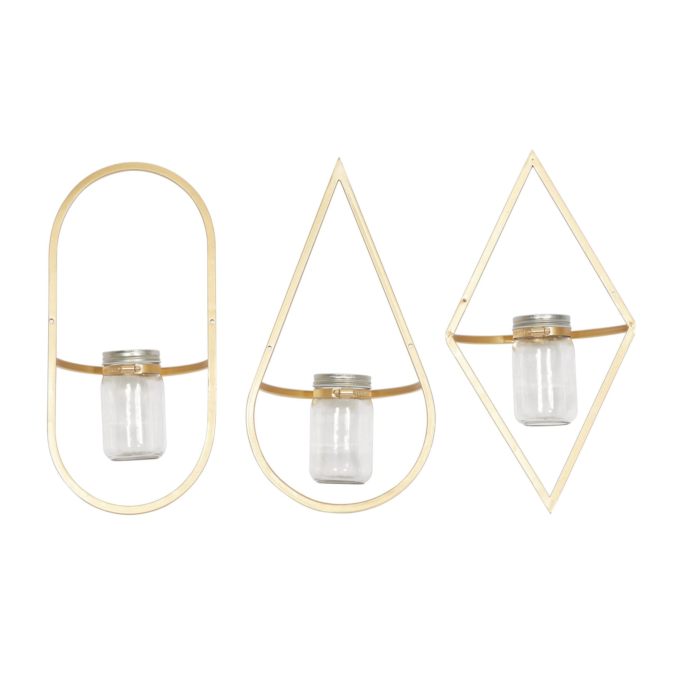 CosmoLiving by Cosmopolitan 8"W, 17"H Round Gold Metal Geometric Wall Planter with Glass Holder (3 Count)