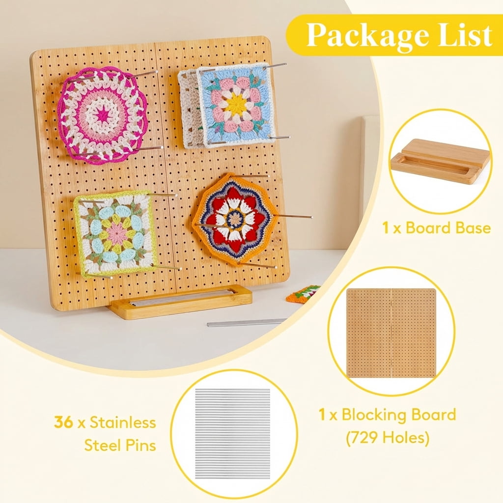 Norcho 14.4" Bamboo Crochet Blocking Board with 36 Pegs, Granny Square Mats for Knitting and Crocheting Projects