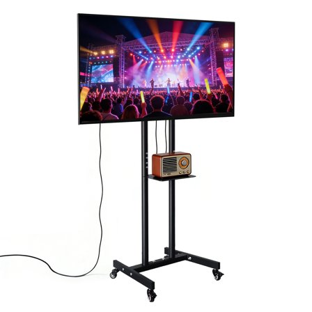 Modern Rolling TV Stand on Wheels with Shelf for 32 to 55 inch Flat Screens, Mobile TV Cart Stand, Black