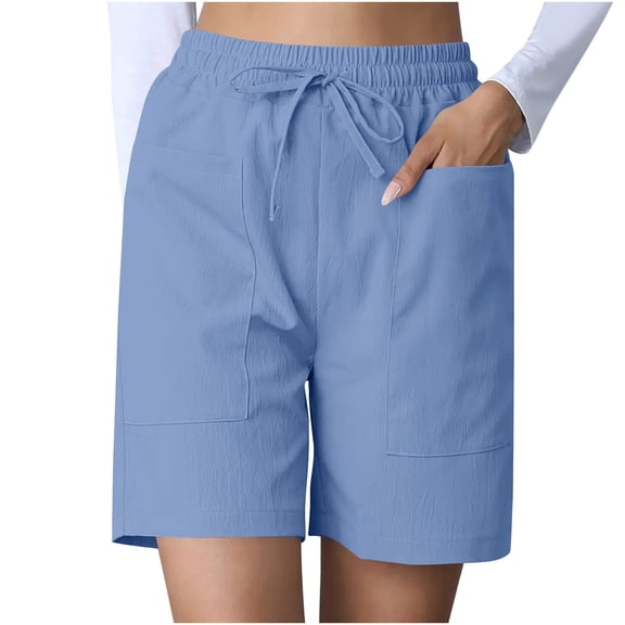 Hvot&aat Women's Bermuda Long Shorts Solid Color Elastic Drawstring Waist Lounge Running Athletic Shorts with Pockets