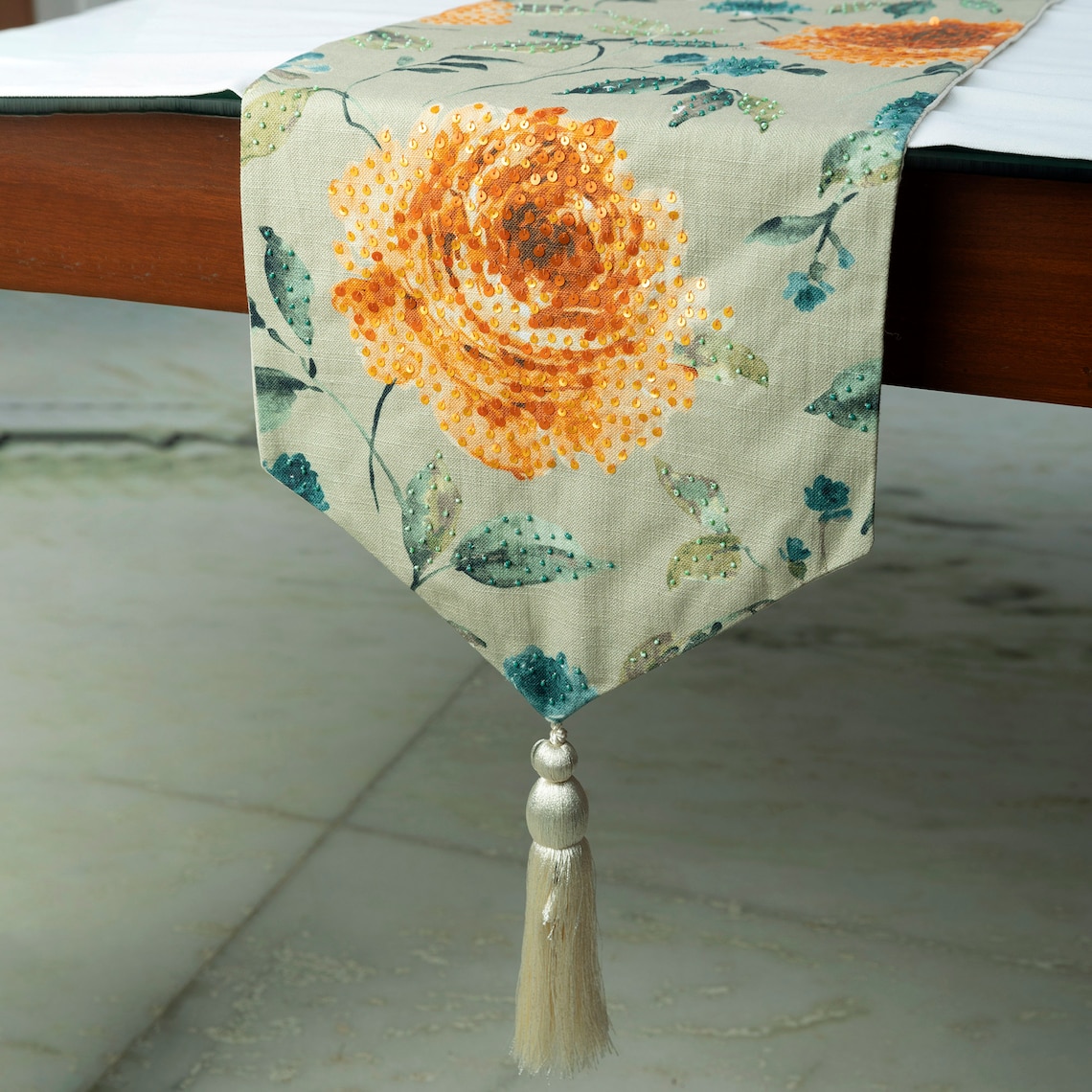 Decorative Orange & Green Table Runner 4 - 6 Seater Table Runner (14 x 64 inch), Sequins, Roses Tassels Table Runner, Cotton fabric Table Linen, Floral Contemporary - Orange Rosiness