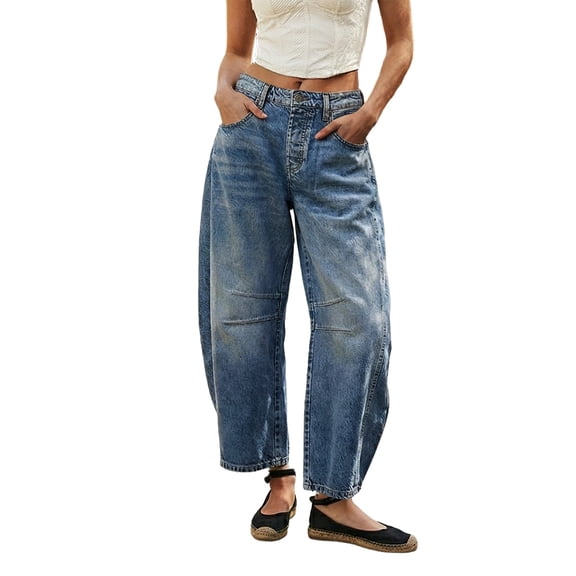 ANINEO Women Casual Wide Leg Jeans Soft Washed Denim Trousers With Flowy Relaxed Fit And High Waist Comfort Solid Color Long Trendy Daily Female Slacks