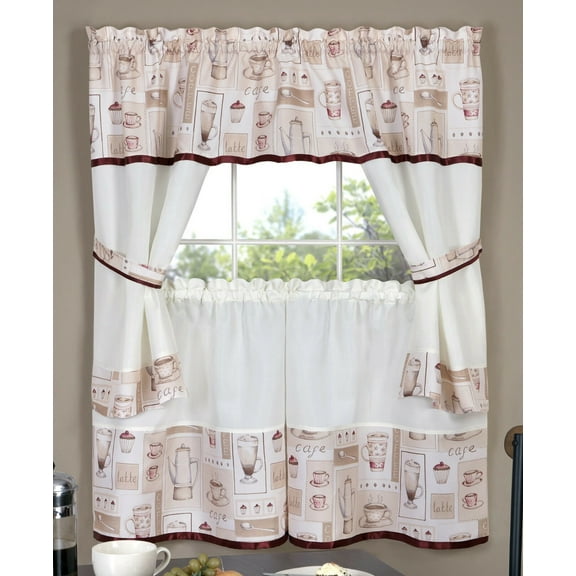 Kate Aurora Mornings Complete 5 Pc. Cappuccino, Lattes & Pasteries Designed Café Styled Kitchen Curtain Tier & Swag Valance Set - 36 in. Long