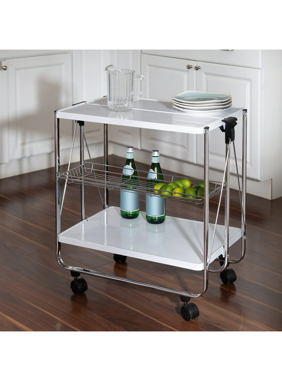 Honey-Can-Do Steel 3-Tier Foldable Rolling Kitchen Storage Cart, White/Chrome