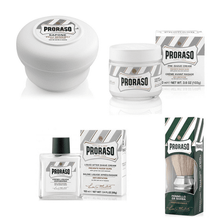 Proraso for Sensitive Skin Set: Pre-shave Cream 3.6oz+Shave Soap 5.2oz+Aftershave Balm 3.4oz+Brush + Makeup