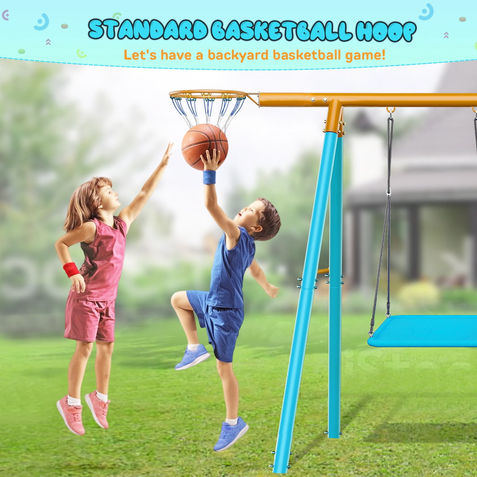 Swing Sets for Outdoor, 6 in 1 Heavy-Duty Metal Swing Sets, Kids Swing Sets for Backyard with 2 Swings,Trapeze Bar and Basketball Hoop for Aged 3-12