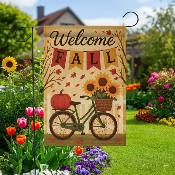 ViciArt Welcome Fall Garden Flag – Autumn Pumpkin, Sunflower Bicycle, Double-Sided Burlap Banner, 12" x 18"