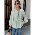 thumbnail image 4 of Womens Lace Up Tie Font Y2k Tops Puff Sleeve V Neck Blouse Loose Fit Summer Cute Clothes Light Green XL, 4 of 6