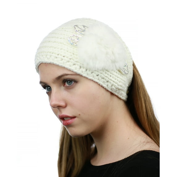 NYFASHION101 Hand Knitted Furry Flowers Winter Headband Headwrap - NAG324Y, White