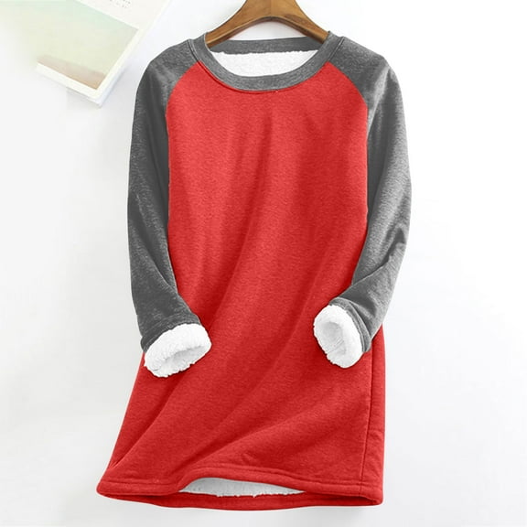 Women's Lined Fleece Blouses Sherpa Thick Sweatshirt Winter Clothing Solid Color Velvet Warm Top Causal Round Neck Long Sleeve Shirts Loungewear