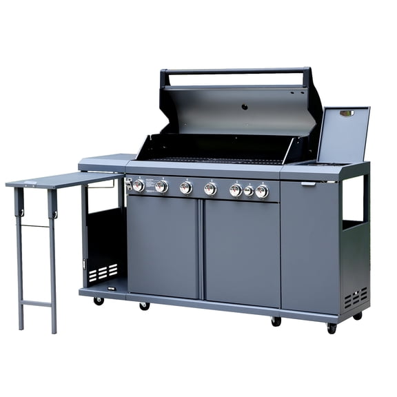 Brand Man 6-Burner Outdoor Gas Kitchen Grill Island with Side Burner, BBQ Station with Storage Cabinets and Fold-out Prep Table, LPG/NG Convertible