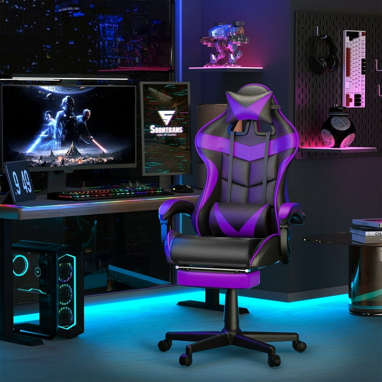 Soontrans Gaming Chair with Footrest, Ergonomic Lumbar Massage Pillow  Chair, PU Leather Office Chair, Purple