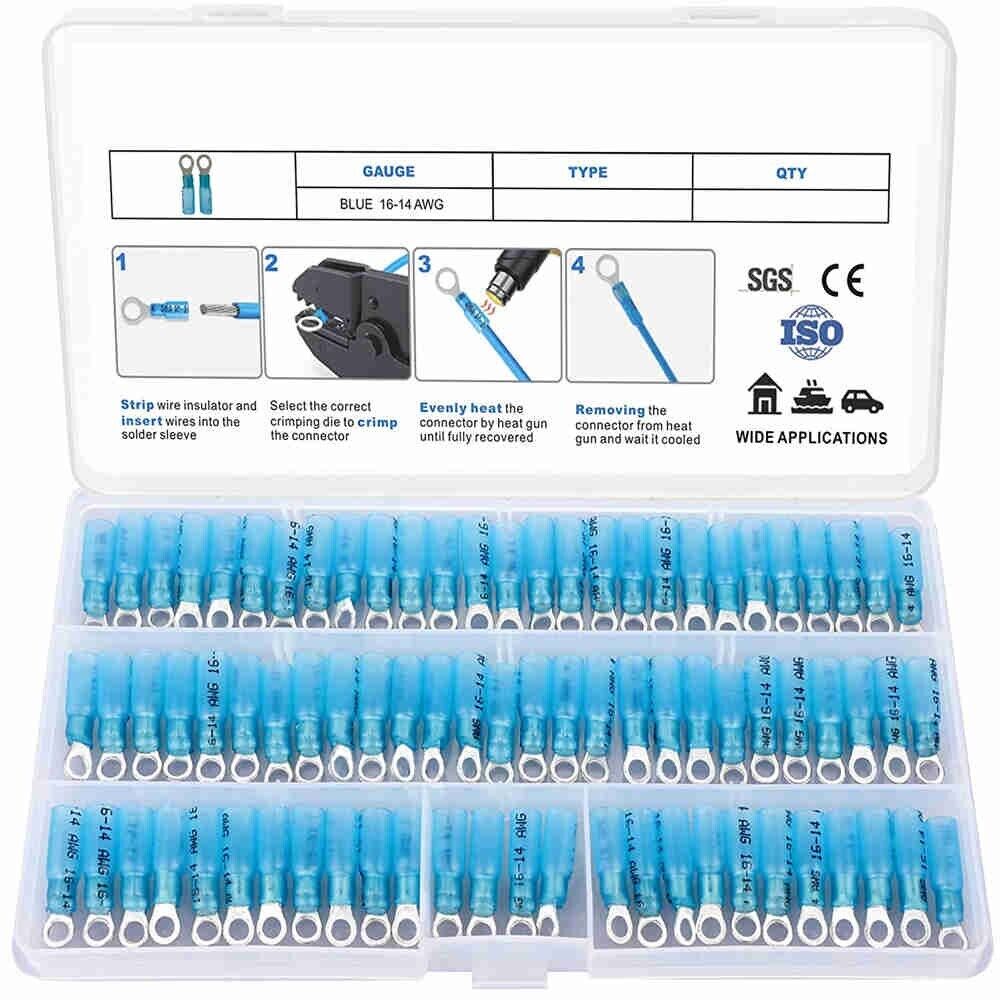 200Pcs Ring Eyelet Heat Shrink Wire 16-14AWG GA Gauge Connectors Terminals Kit