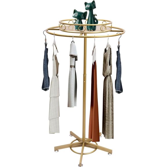 Round Garment Rack 360° Rotatable Clothing Rack Retail Display Stand Adjustable Floor-Standing Clothing Display Rack Portable Iron Clothes Shelf for Hanging Clothes Towels (Gold)