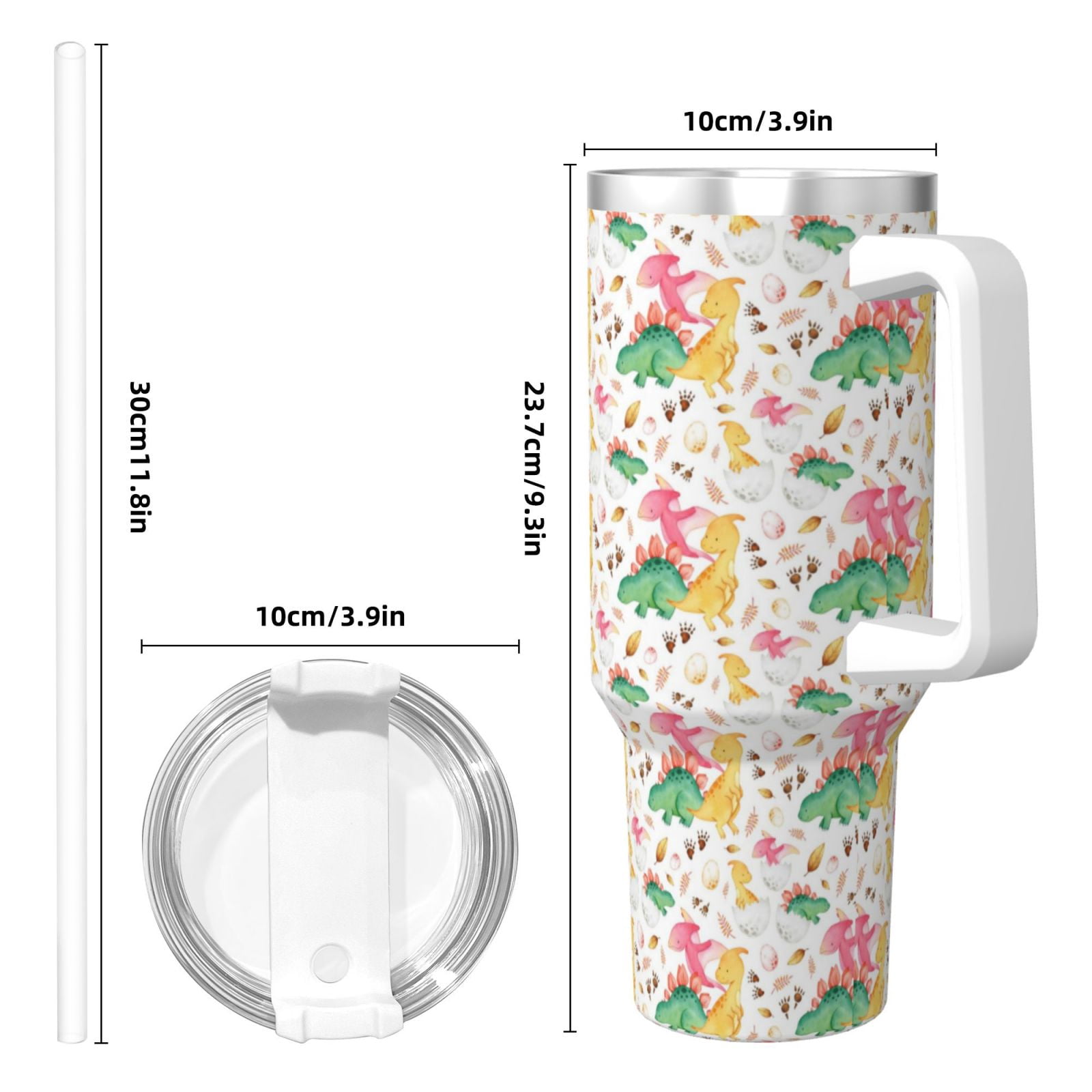 Picia Cute Baby Dinosaurs Pattern 40oz Ice Bully Insulated Tumbler with Handle, Double-Wall Stainless Steel Cup, Leak-Proof Lid and Straw