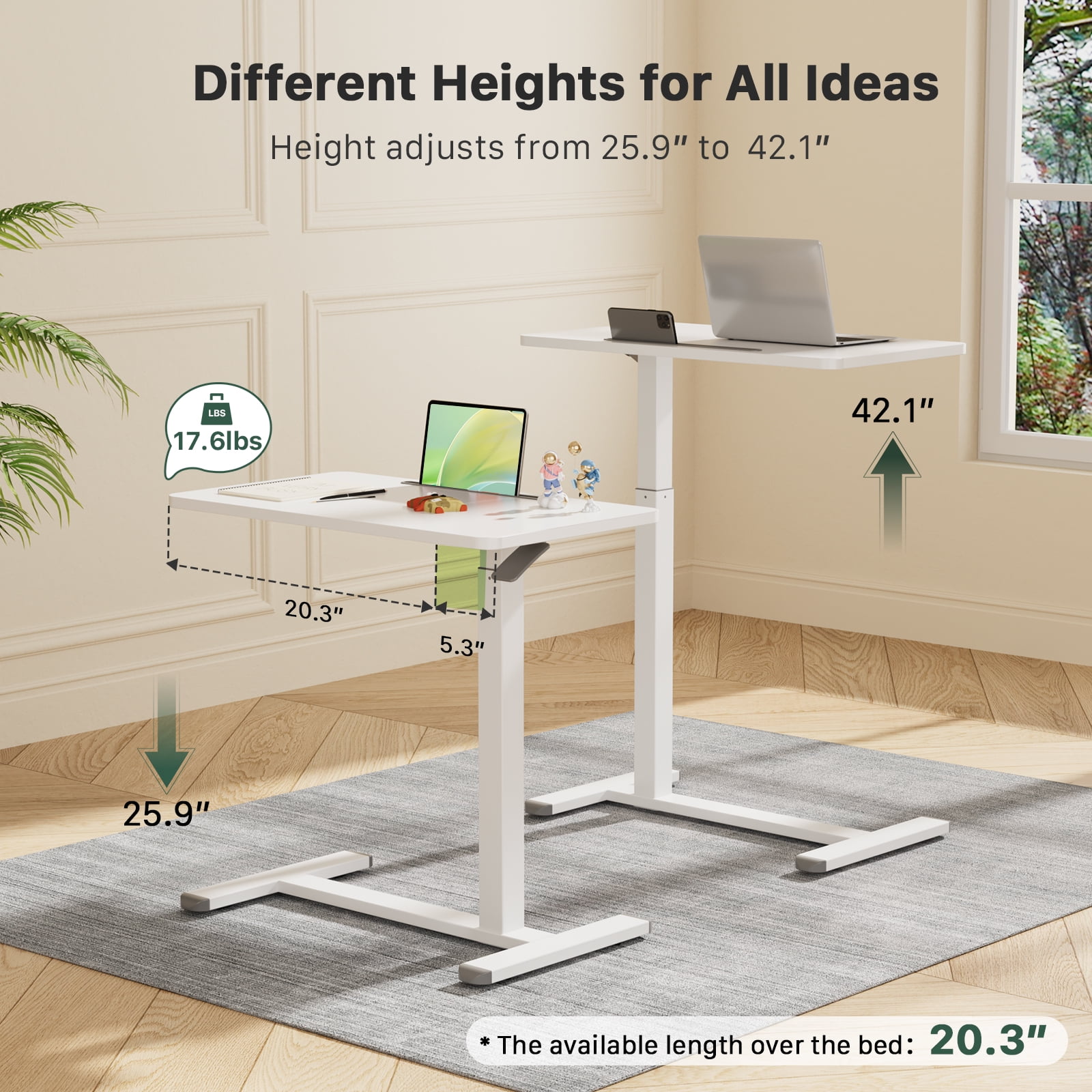 Mobile Standing Desk 27.5inch Adjustable Overbed Bedside Table With Hidden Wheels for Hospital, White