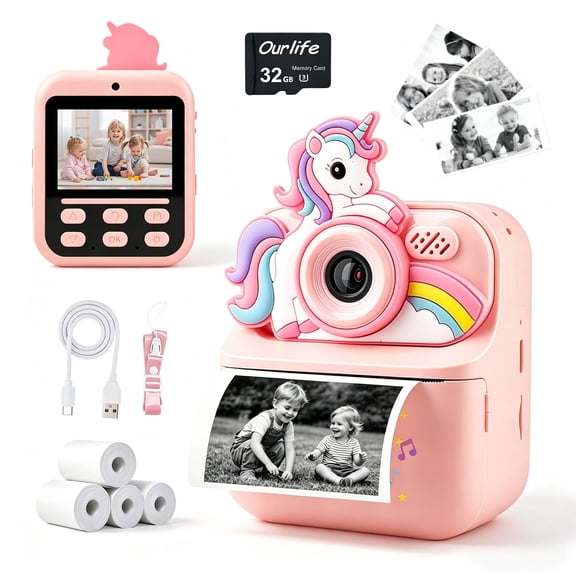 MOMOTER Unicorn Kids Instant Print Camera, 2.4" Screen Digital Camera with Color Thermal Print, Selfie, Video, MP3, 32GB Card, 4 Paper Rolls Toy Camera Gift for Girls Pink