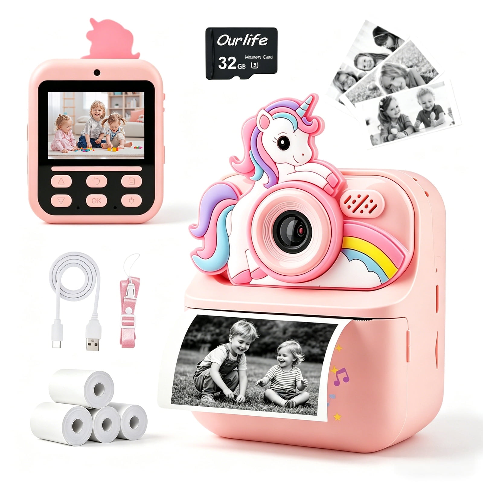 MOMOTER Unicorn Kids Instant Print Camera, 2.4" Screen Digital Camera with Color Thermal Print, Selfie, Video, MP3, 32GB Card, 4 Paper Rolls Toy Camera Gift for Girls Pink