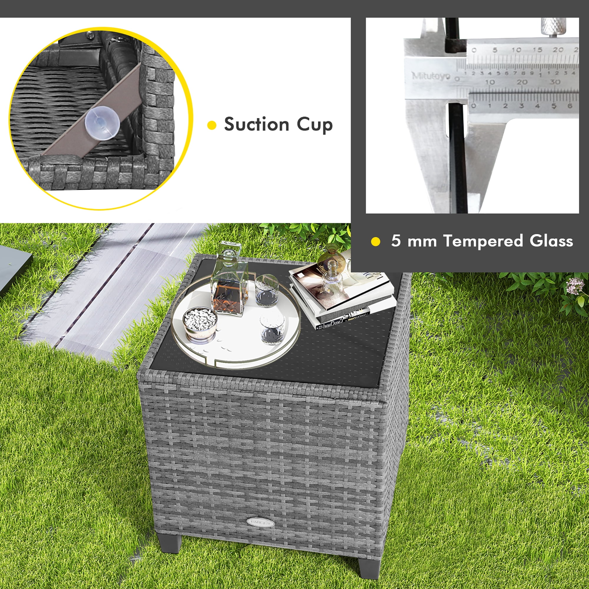 Costway 3PCS Patio Rattan Furniture Bistro Set  Cushioned Sofas Side Table Armrest Grey
