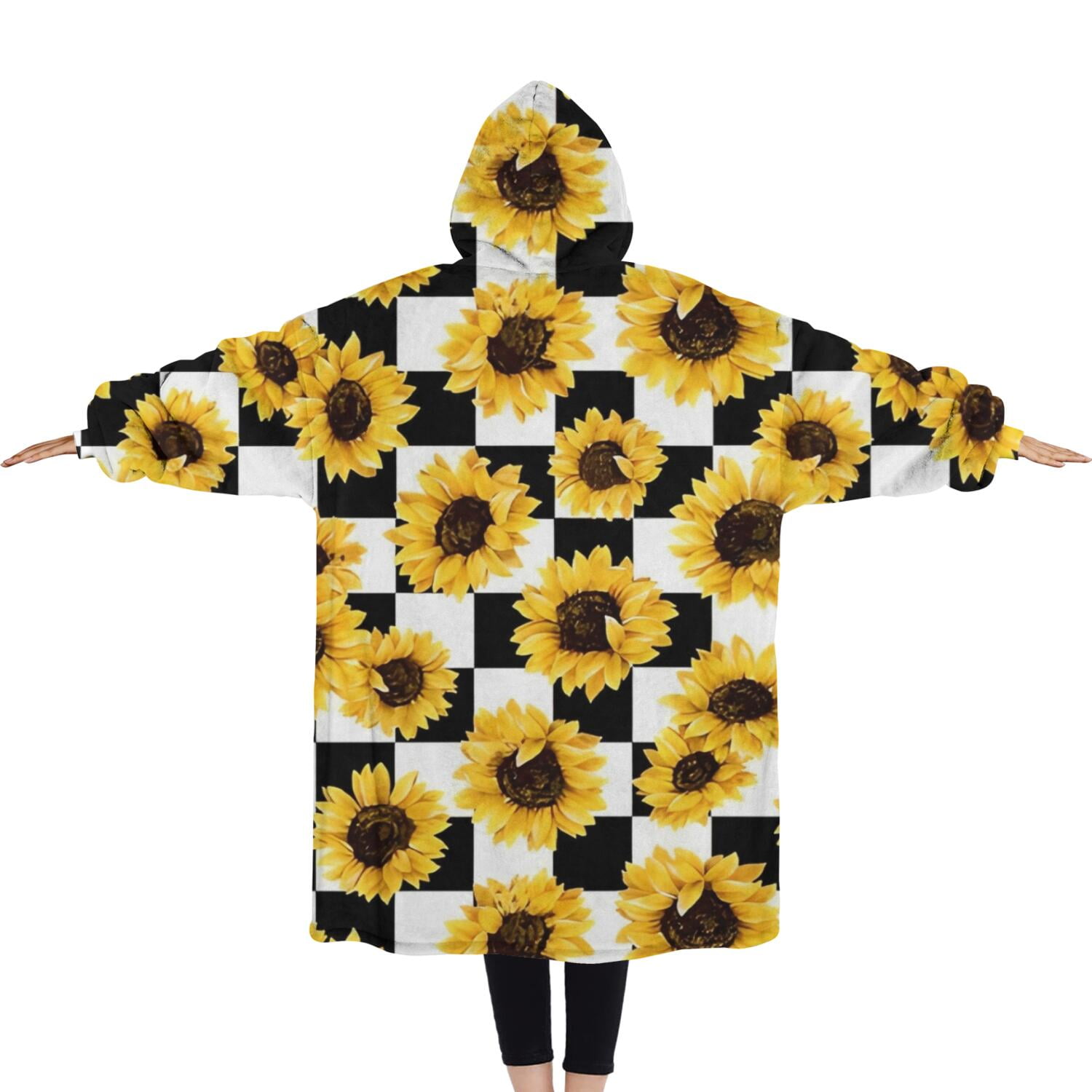 Oversized Wearable Blanket Hoodie,Black White Checker Sunflower Pattern Sherpa Blanket Hoodie with Super Pockets,Super Warm Fuzzy Pullover for Women & Men