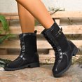 thumbnail image 4 of Womens Motorcycle Boots Fashion Splice Upper Low Heel Riding Booties for Winter Fall Casual Lace up Ladies Mid Calf Boots, 4 of 8