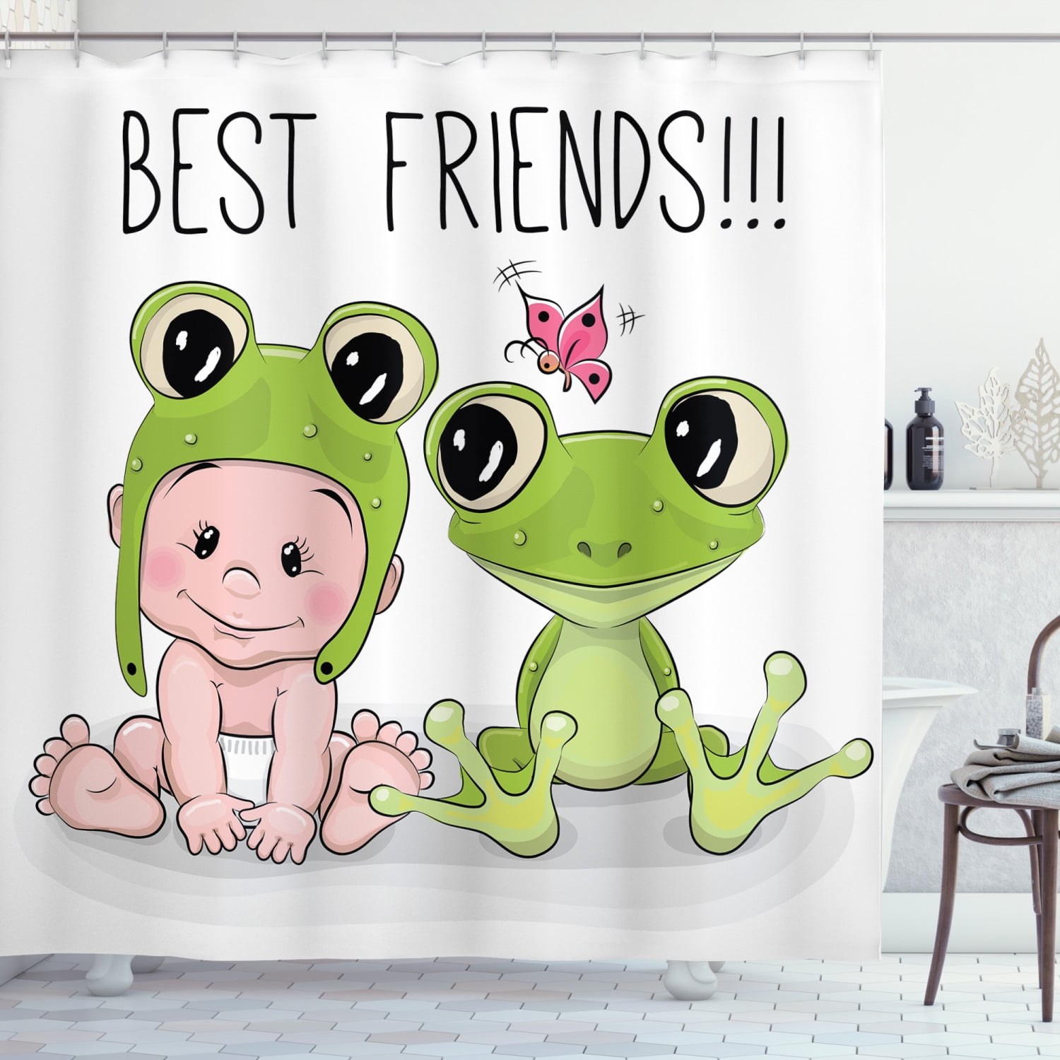 Animal Decor Cute Cartoon Baby In Froggy Hat And Frog Best Friends Love  Theme Graphic Print, Bathroom Accessories, 69W X 84L Inches Extra Long, By  Ambesonne 