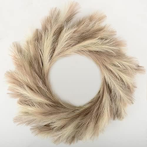 Pampas Grass Wreath, 25'' Faux Pampas Wreath for Front Door, Artificial Pampas Wreath for All Seasons, Boho Wall Decor, Farmhouse Pampas Grass Garland, DIY Wreath Arrangement (Ivory&Taupe)