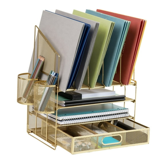 Office Depot® Brand Mesh Desk Organizer With Vertical Storage And Pen Holders, 16"H x 12-3/4"W x 9-1/2"D, Gold