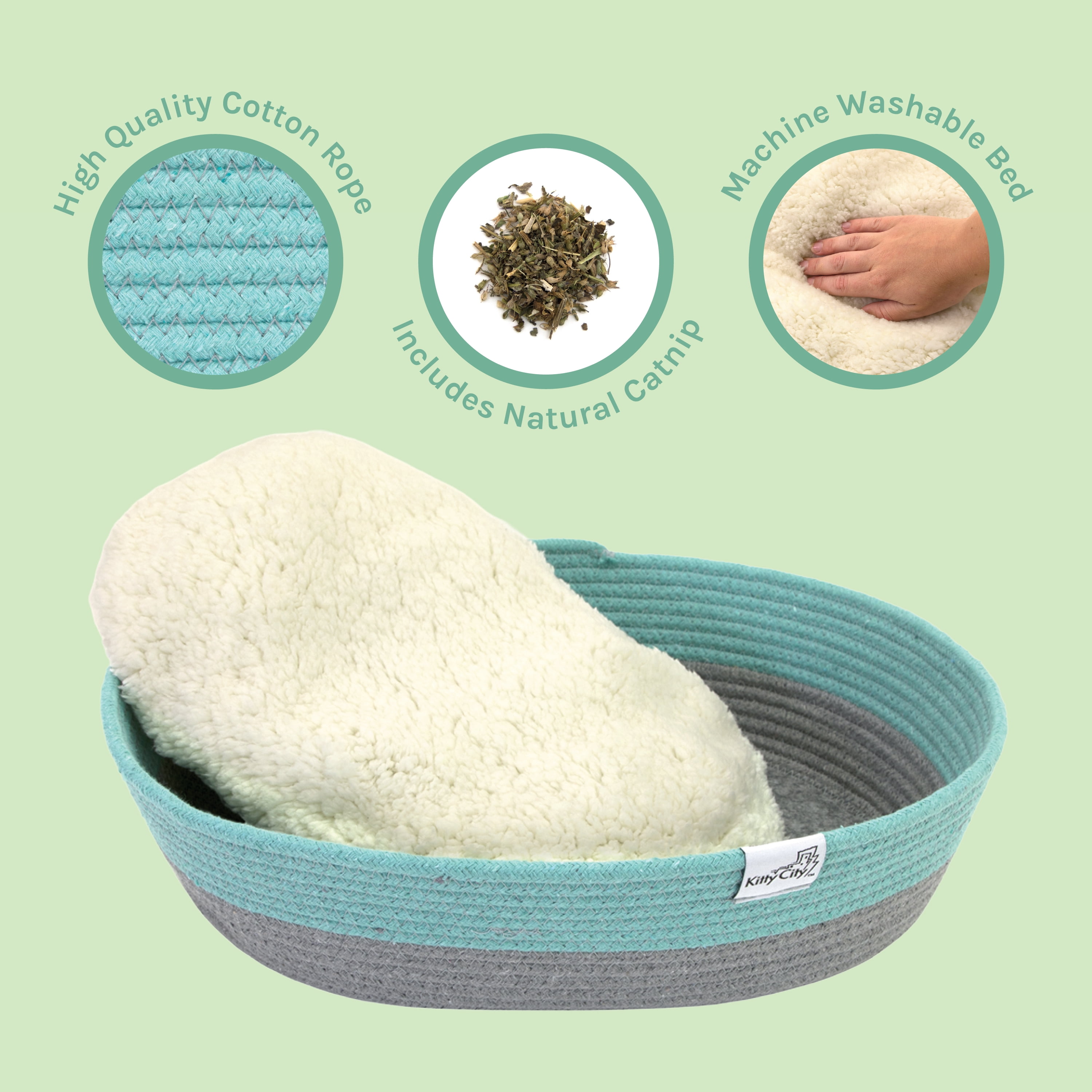 Kitty City Woven Cat Bed, Cotton Rope Basket with Washable Cushion, Multicolor