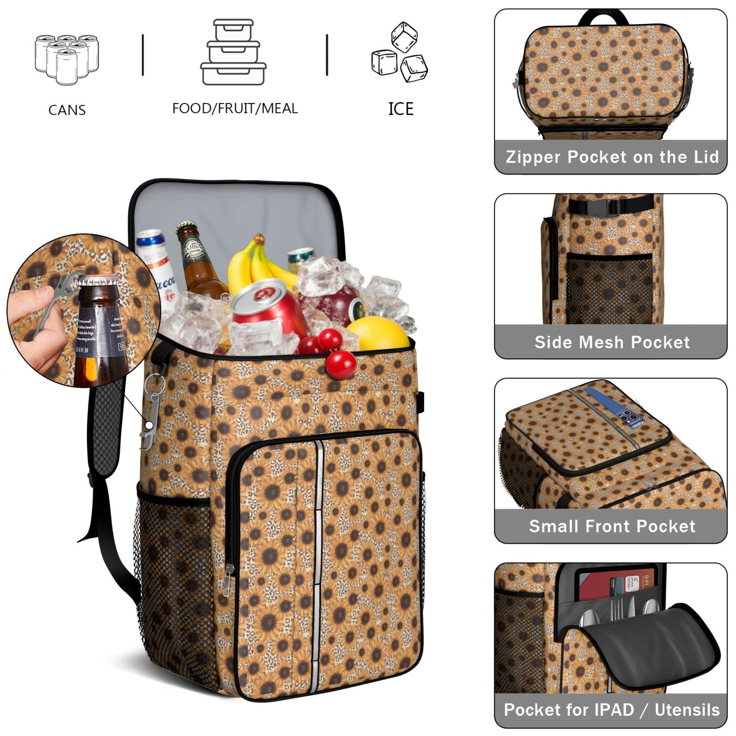 Travel Cooler Bag - Sunflower Camping Beer Cooler Backpack with Bottle Opener- Waterproof Insulated Picnic Backpacks - Cooler Bag for Beach